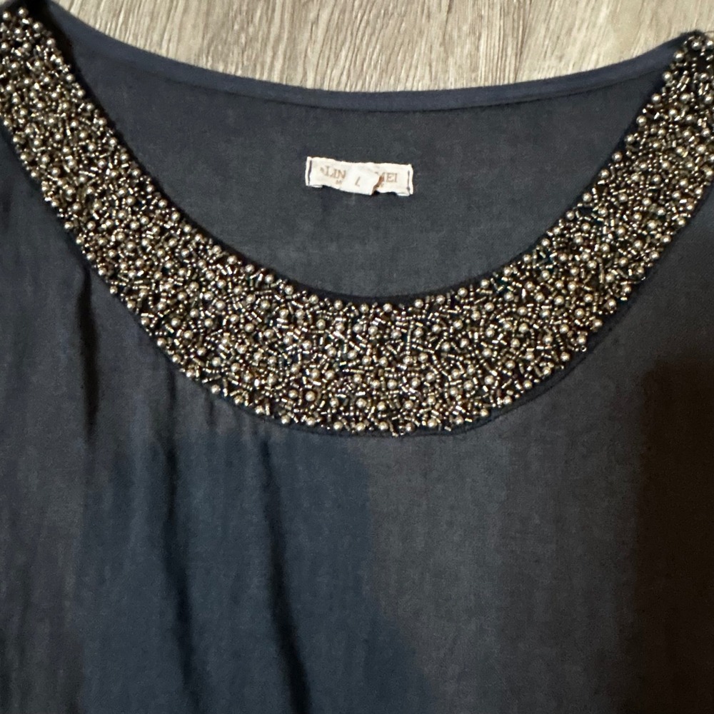 Navy Linen Embellished Shift Dress Pocket L Made In Italy Quiet Luxury Old Money - Picture 3 of 9